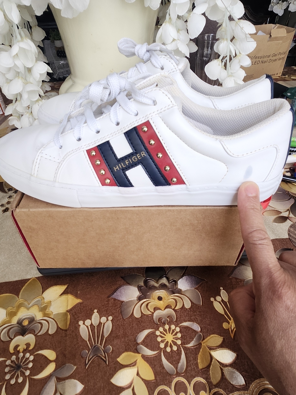 Tommy Hilfiger White Leather Sneakers with Red & Navy Accent